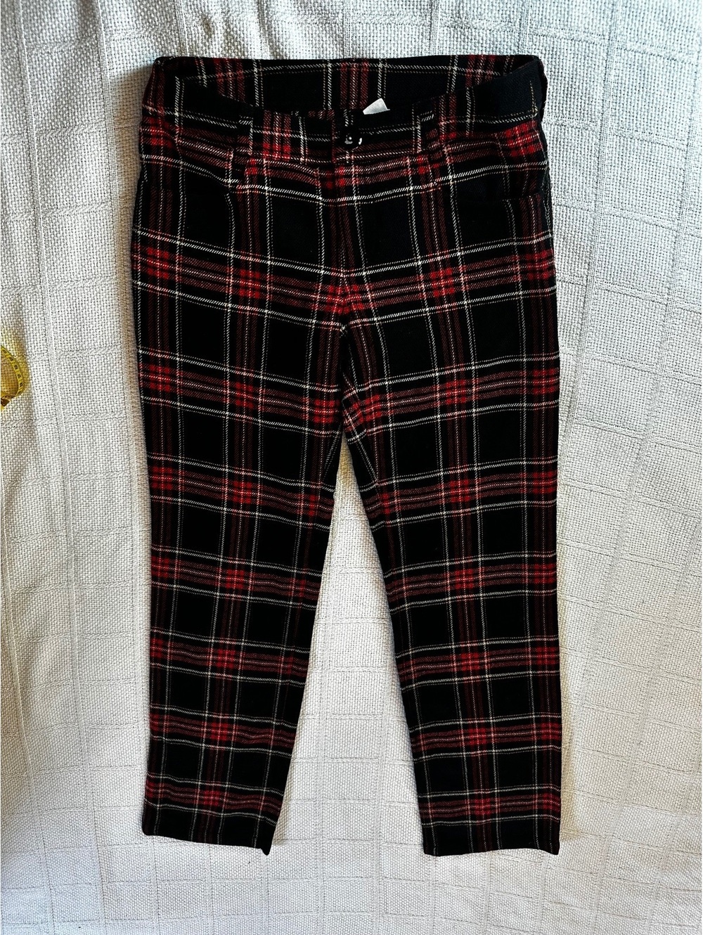 Black and Red Plaid Patterned Pants with Button Closure